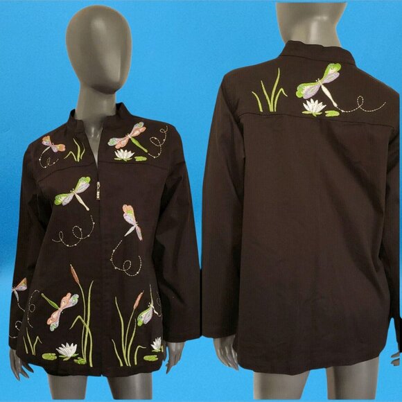 Quacker Factory Jacket Dragonfly Embroidered Black Coat Stretch Denium Medium - Picture 5 of 8